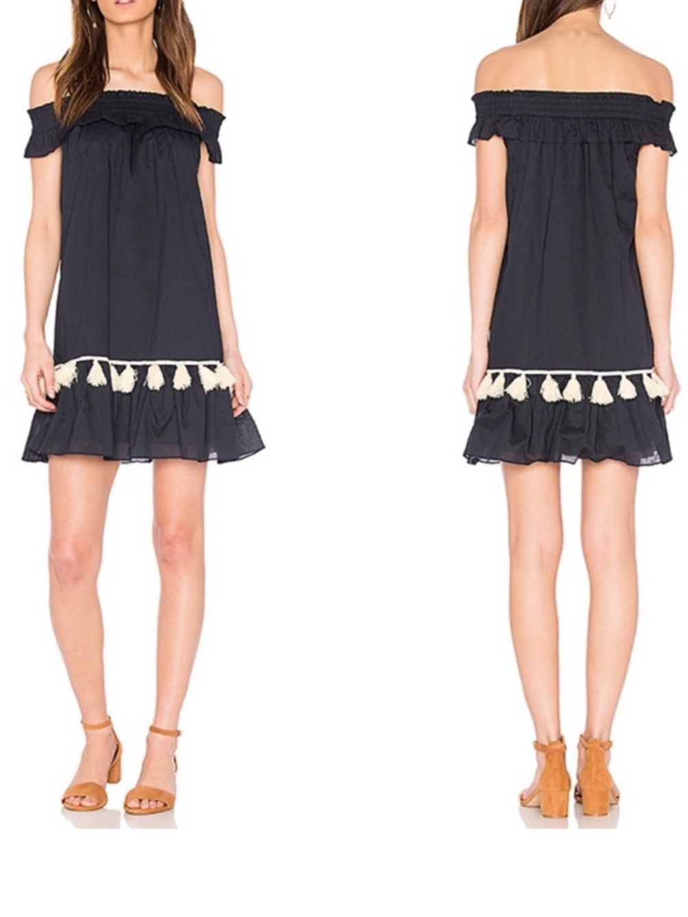 Misa Los Angeles Gia Off-The -Shoulder Tassel Trim Dark Navy Mini Dress size S